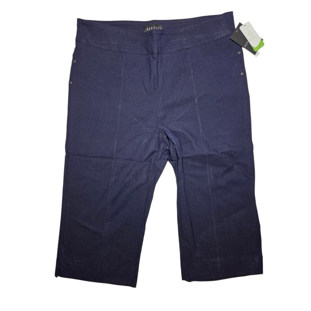 Rekucci Straight High Rise Stretchy Pull On Capri Pants‎ Navy Blue W Rivets 16